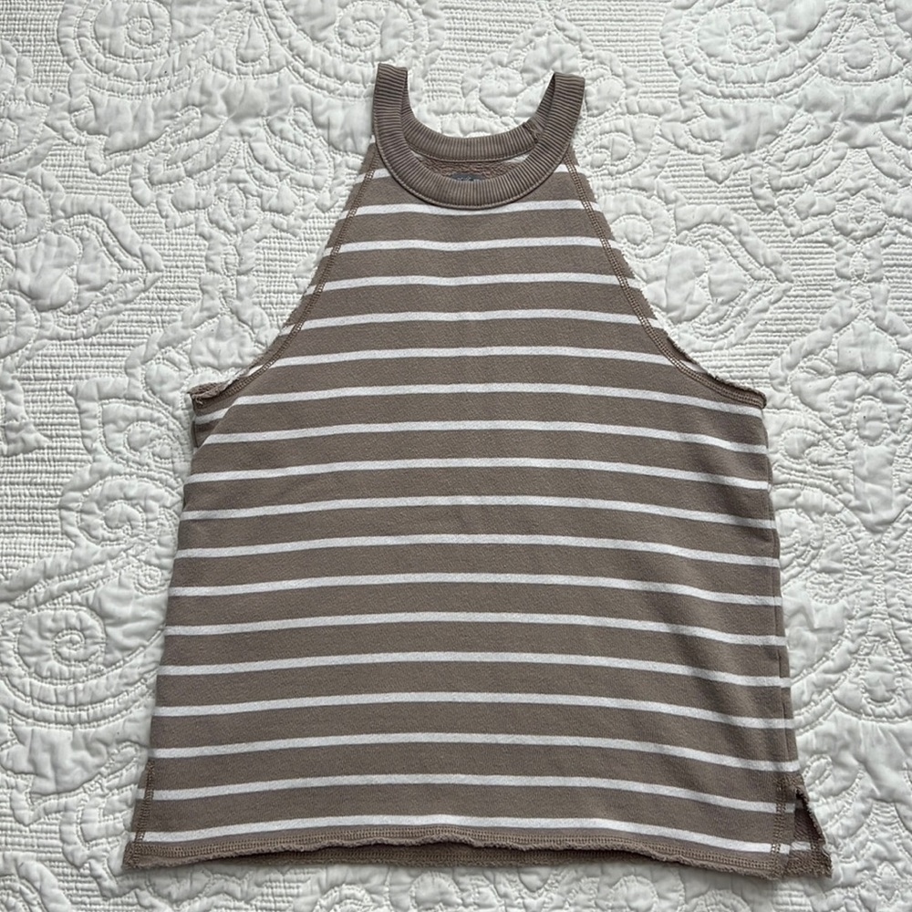 aerie Taupe & White Striped Ribbed Tank
